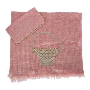 Vintage Bath Towel Set Penny's Pink Fringed Crochet Basket Edging Cotton Gift